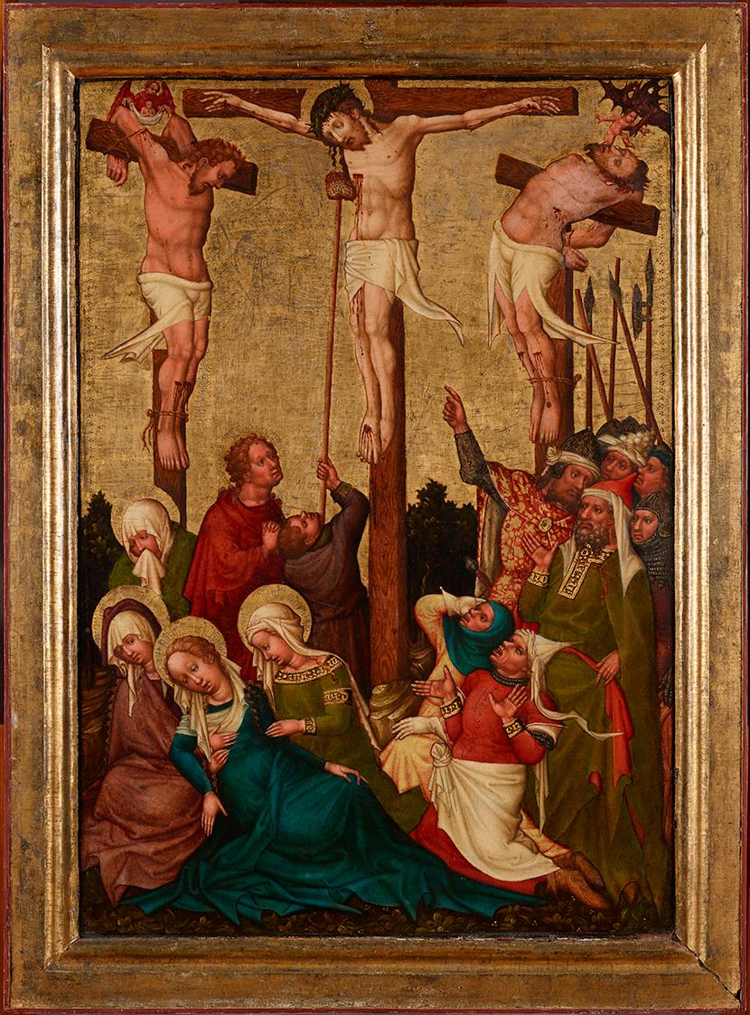 Meister der St. Lambrechter Votivtafel, Kreuzigung Christi, Wien, um 1430, Malerei auf Nadelhol…