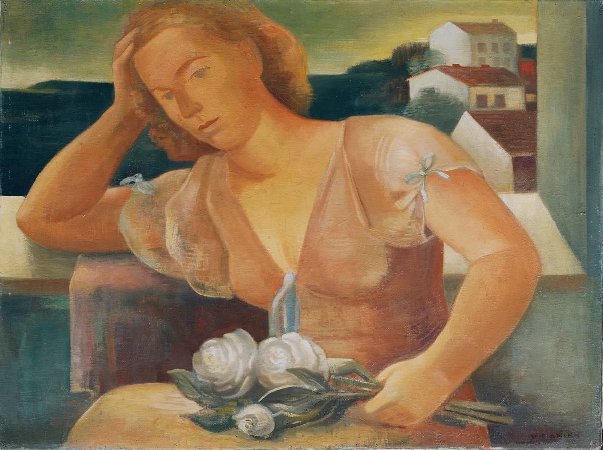 Viktor Planckh, Die Gattin des Künstlers mit Blumen, Öl auf Leinwand, 60 x 80 cm, Belvedere, Wi…