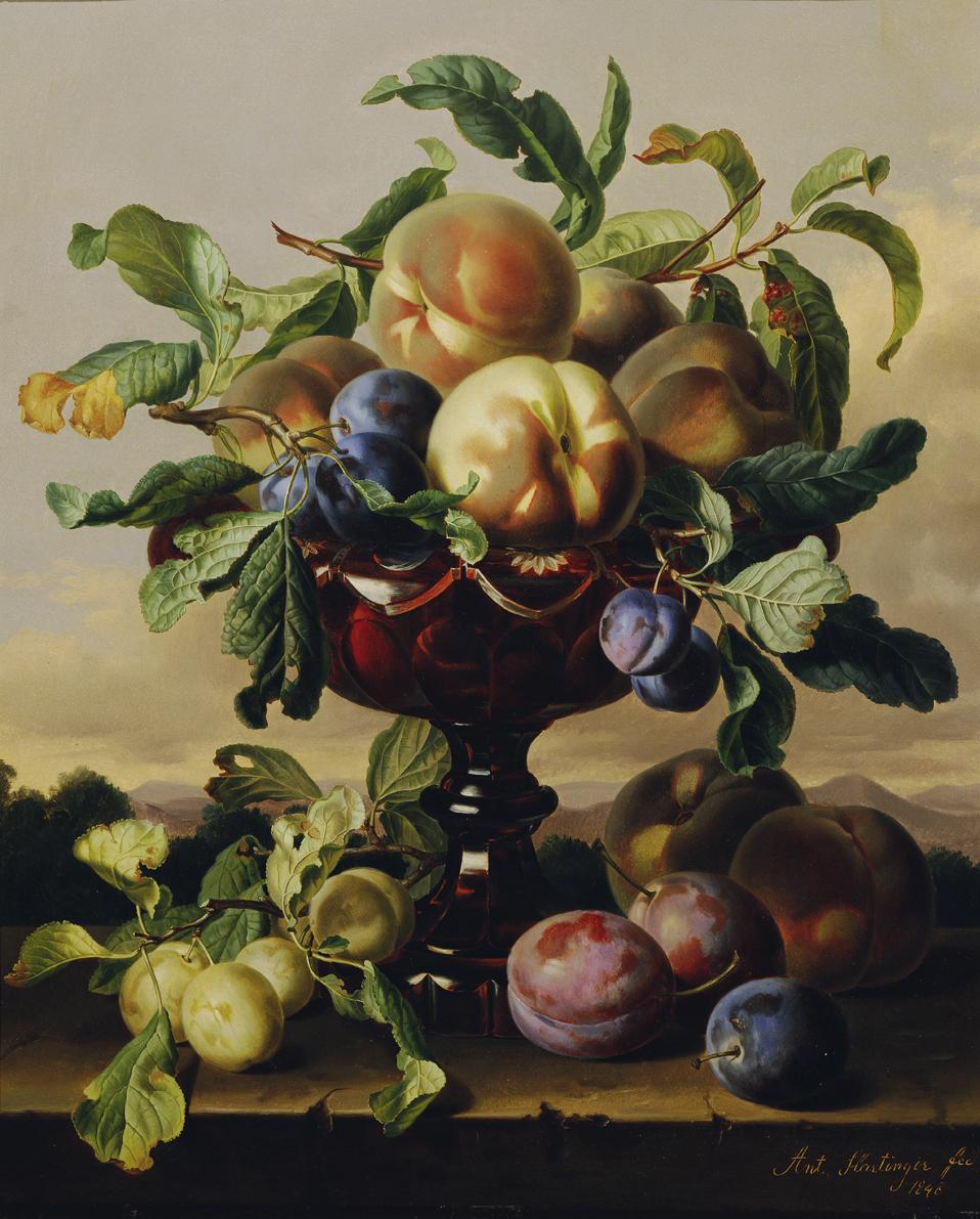 Anton Hartinger, Stillleben mit Pfirsichen und Pflaumen in roter Glasschale, 1848, Öl auf Holz,…