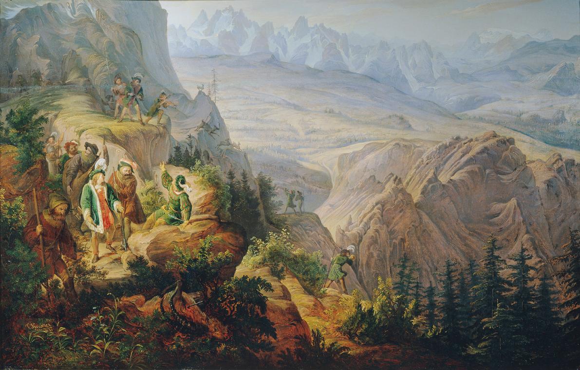 Franz Krammer, Kaiser Maximilian I. (?) auf der Steinbockjagd, 1831, Öl auf Holz, 34 x 52,2 cm,…