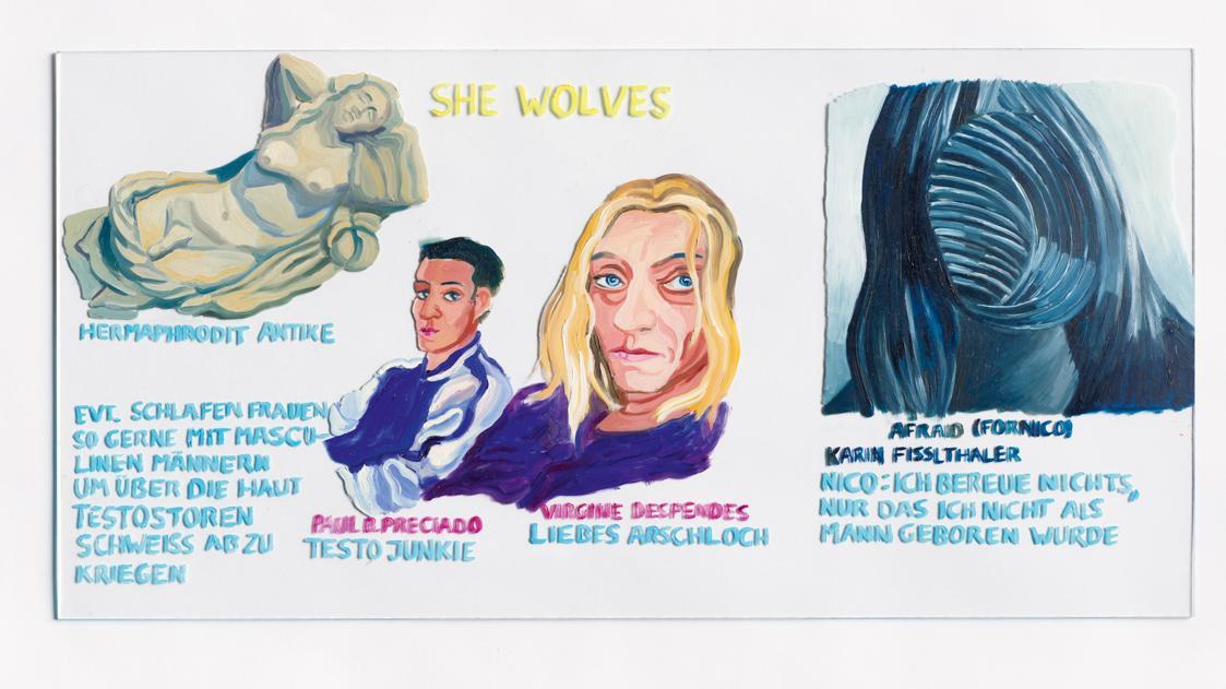 Anna Meyer, She Wolves, 2023, Öl auf Plexiglas, 25 × 50 × 0,2 cm, Belvedere, Wien, Inv.-Nr. 120 ...