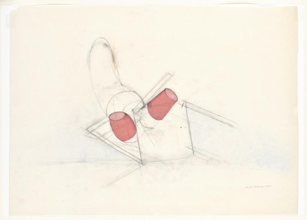 Renate Bertlmann, Die Frau fällt vom Stuhl (Brechts "Kleinbürgerhochzeit"), 1974, Bleistift, Pa…