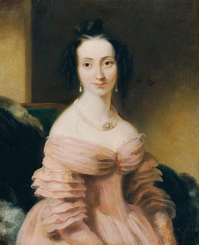 Unbekannter Künstler, Dame in weinrotem Kleid, um 1830, Öl auf Papier (?) Leinwand, 31 x 25,5 c…