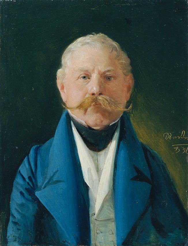 Johann Baptist Reiter, Herr in blauem Rock und weißer Weste, 1838, Öl auf Holz, 21,3 x 16,3 cm,…