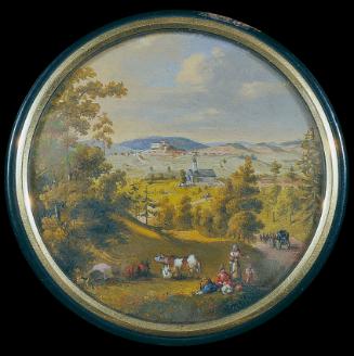 Unbekannter Künstler, Ansicht von Weitra im Waldviertel, um 1830, Öl auf Karton, D: 9,5 cm, Bel…