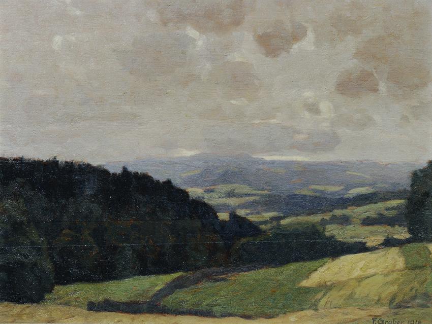 Franz Ignaz Peter Gruber, Stilles Tal, 1916, Öl auf Holz, 33,5 x 44 cm, Belvedere, Wien, Inv.-N…