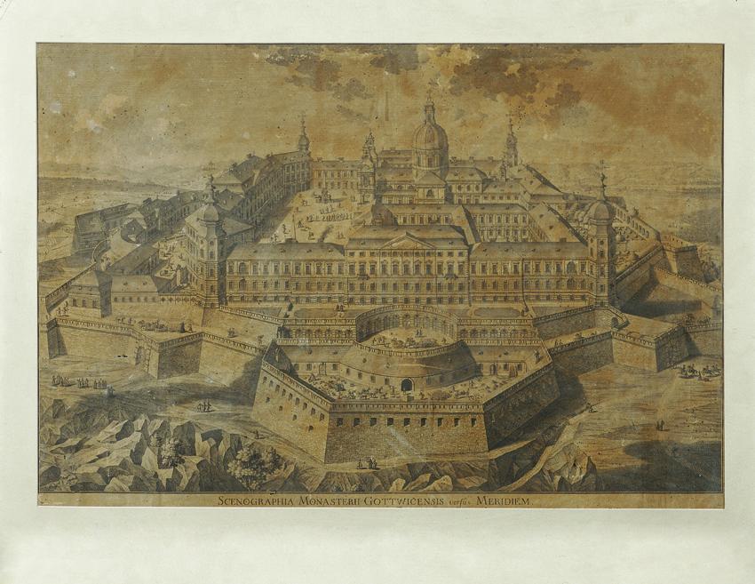Unbekannter Stecher, Idealansicht des Stiftes Göttweig, 18. Jahrhundert, Kupferstich, 46 x 69 c…