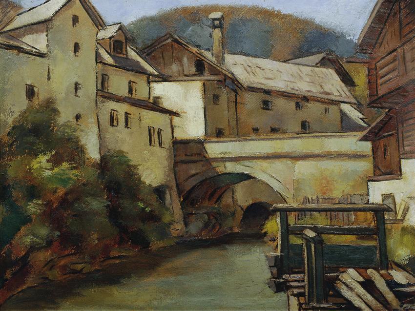 Anton Hula, Ansicht einer Stadt mit Fluss und Brücke, um 1940, Öl auf Karton, 52 x 61,5 cm, Bel…