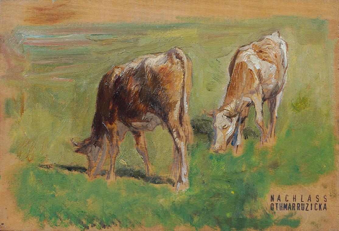Othmar Ružička, Zwei Kühe, Anfang 20. Jahrhundert, Öl auf Holz, 12,5 x 21,5 cm, Belvedere, Wien…