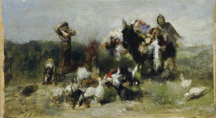 Johann Till der Jüngere, Szene aus Don Quichote (Kampf mit dem Geflügel), undatiert, Öl auf Kar…