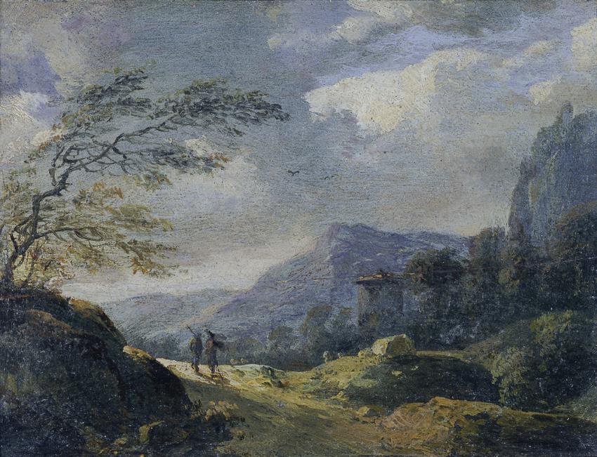 Johann Christian Brand, Kleine Gebirgslandschaft, um 1770/1780, Öl auf Holz, 7,5 x 10 cm, Belve…