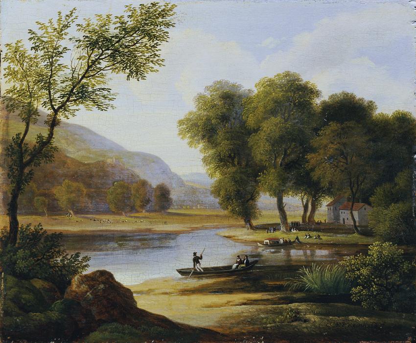 Friedrich Philipp Reinhold, Kahnfahrer in Landschaft, 1819, Öl auf Holz, 16 x 19,8 cm, Belveder…