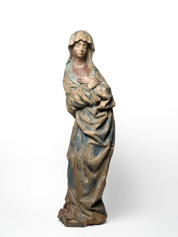 Südweststeirischer Bildschnitzer, Trauernde Maria, um 1465, Lindenholz mit Fassungsresten, H: 1…