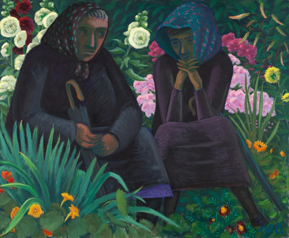 Werner Berg, Zwei Frauen am Friedhof, 1952, Öl auf Leinwand, 95,4 × 116 cm, Artothek des Bundes…