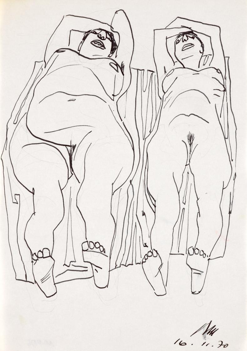 Paul Meissner, Zwei liegende weibliche Akte, 1970, Tusche, Bleistift auf Papier, 29,9 × 21,2 cm…