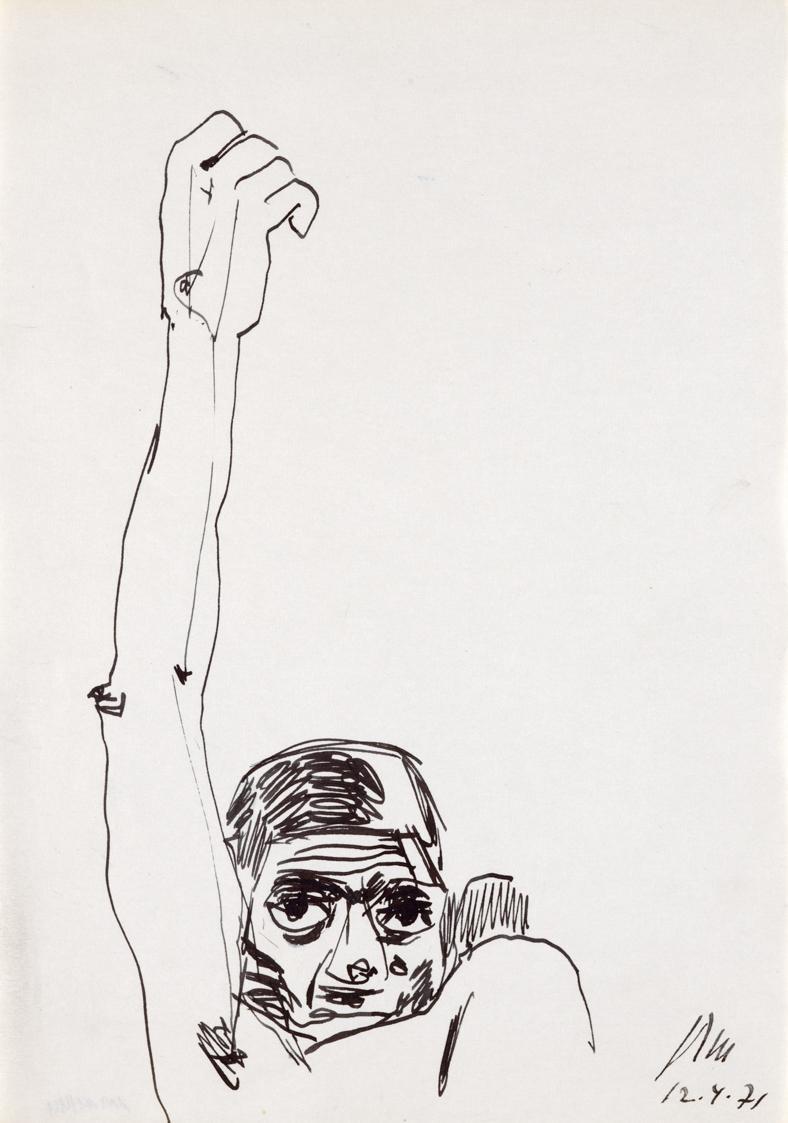 Paul Meissner, Figur mit erhobenem Arm, 1971, Tusche auf Papier, 29,9 × 21,2 cm, Belvedere, Wie…