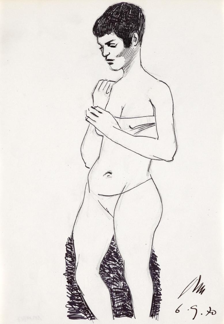 Paul Meissner, Stehender weiblicher Akt, 1970, Tusche, Bleistift auf Papier, 30 × 21,2 cm, Belv…