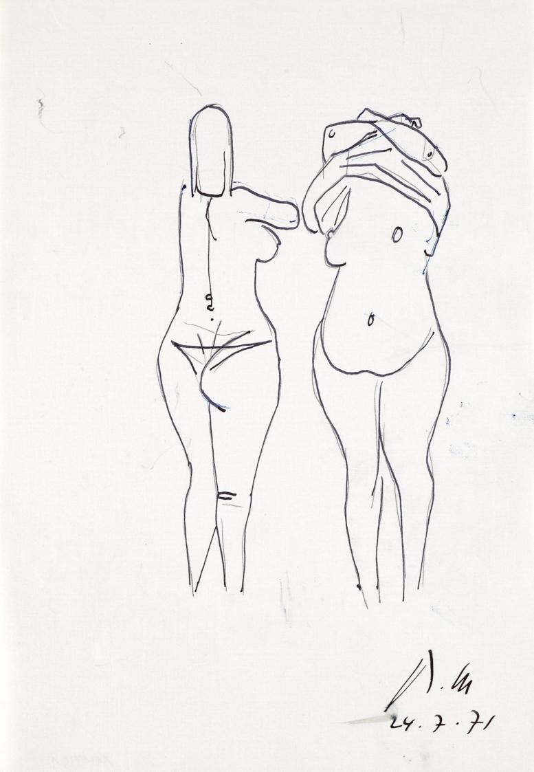 Paul Meissner, Zwei stehende weibliche Akte, 1971, Tusche, Bleistift auf Papier, 29,9 × 21 cm, …