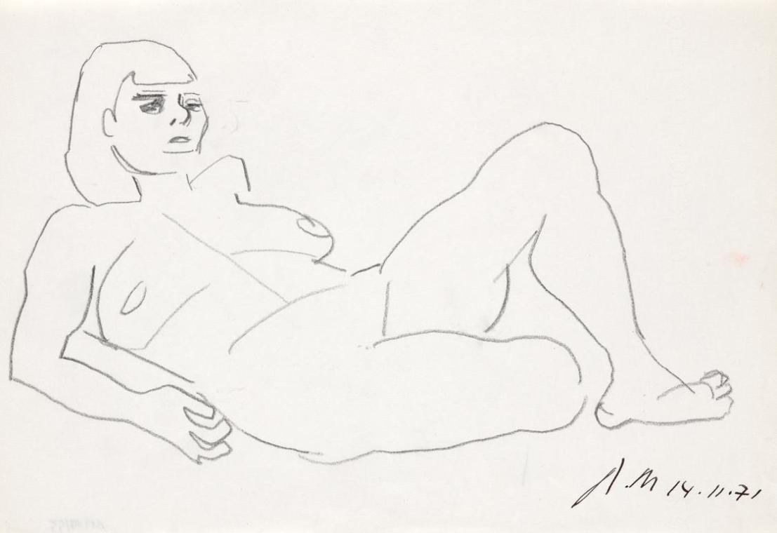 Paul Meissner, Liegender weiblicher Akt, 1971, Kohle, Tusche auf Papier, 21,2 × 29,9 cm, Belved ...