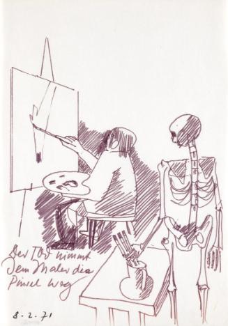 Paul Meissner, Der Tod nimmt dem Maler die Pinsel weg, 1971, Filzstift auf Papier, 29,9 × 21,2 …