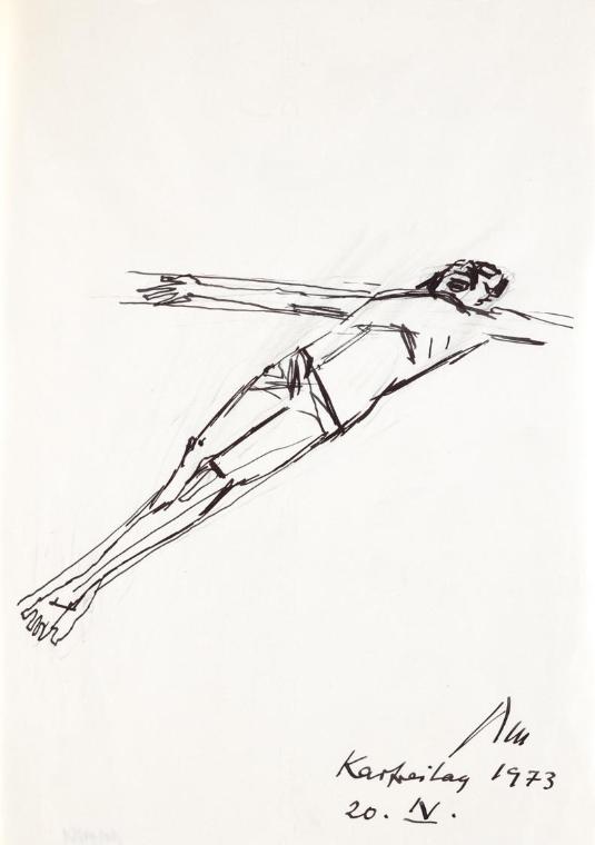 Paul Meissner, Gekreuzigter, 1973, Tusche, Bleistift auf Papier, 29,8 × 21 cm, Belvedere, Wien,…