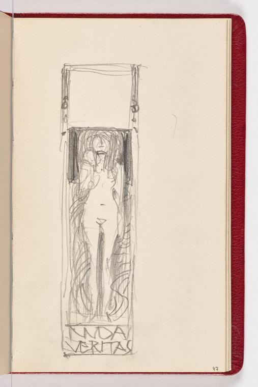 Entwurfsskizze zum Gemälde Nuda Veritas, mit Rahmen. In diesem Entwurf ist das Rankenornament im oberen Bereich des Hintergrundes wieder durch eine gleichförmig dunkle Fläche ersetzt, dafür sind die Hintergrundgestaltung im unteren Bereich und das Rahmenornament bereits weitgehend dem ausgeführten Gemälde entsprechend gestaltet.