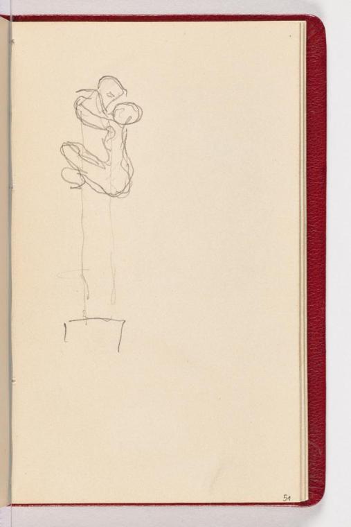 Eine nackte weibliche Figur klammert sich an eine antike Herme. Möglicherweise nach Vorbild der erotischen Grafik L’idole von Felicien Rops (1882).