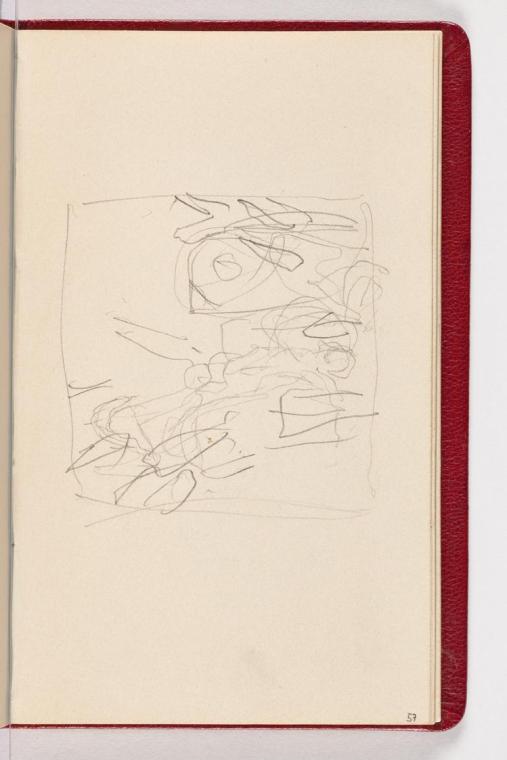 Zwei Frauen, die eine in einem Fauteuil liegend, die andere vor ihr kniend mit dem Kopf zwischen ihren Beinen. Die Figuren umgeben von Fischen. Wohl erotische Ideenskizze im Zusammenhang mit dem Gemälde Bewegtes Wasser.