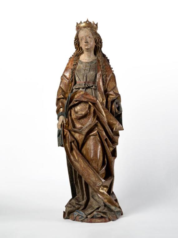 Hans Klocker, Weibliche Heilige (hl. Katharina ?), um 1485/1490, Fichtenholz mit Fassung und Ve…