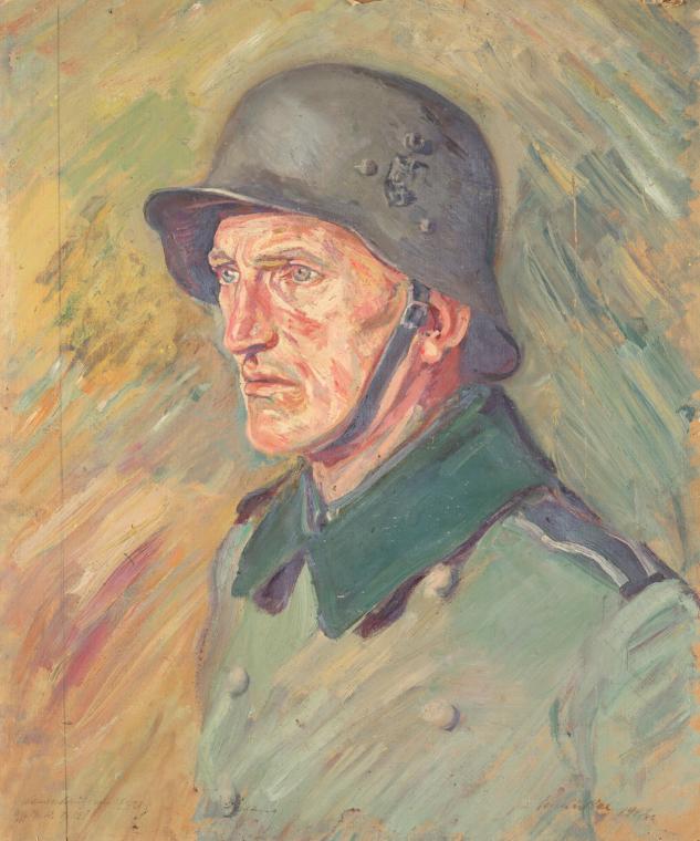 Wolfgang Schaukal, Porträt eines Soldaten mit Stahlhelm, 1940, Öl auf Papier, auf Pappe, 60 x 5…