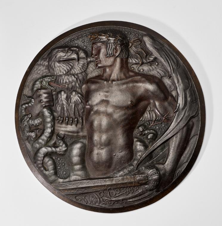 Wilhelm Hejda, Herakles im Kampf gegen die Lernäische Hydra, um 1910, Bronzeplakette, 26 × 2 cm…