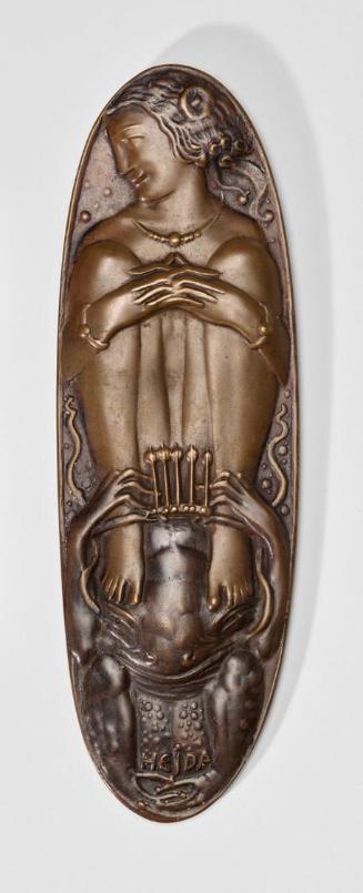 Wilhelm Hejda, Nymphe mit Faun (Froschkönig?), um 1910, Bronzeplakette, oval: 20,2 × 6,5 × 1 cm…