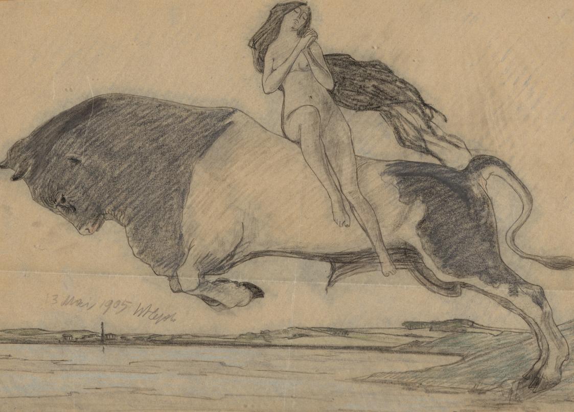 Wilhelm Hejda, Europa auf dem Stier. Entwurf für ein Relief, 1905, Kreide auf Papier, 27,5 × 38…
