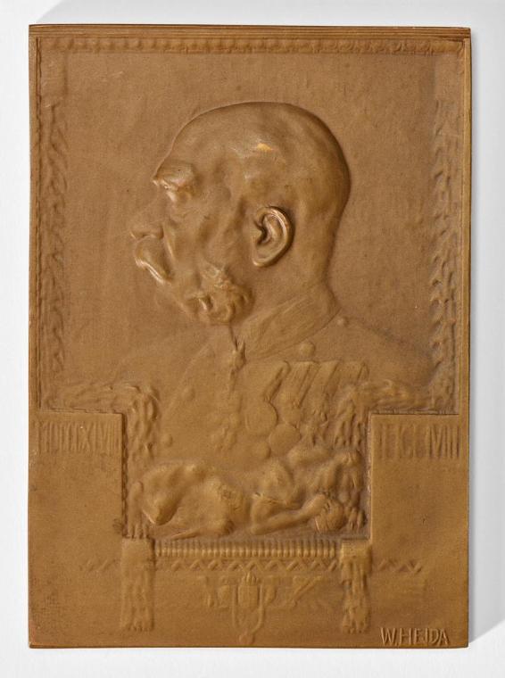 Wilhelm Hejda, Plakette zum 60jährigen Regierungsjubiläum Kaiser Franz Josefs, 1908, Bronze, 3 …