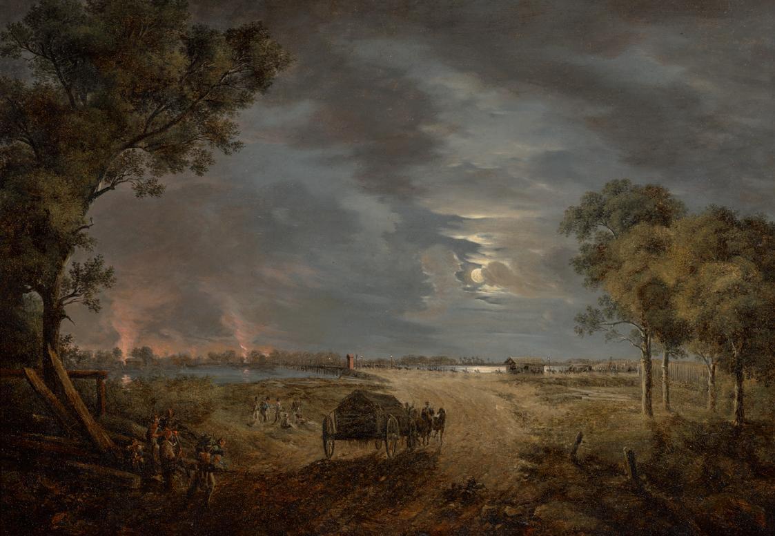 Joseph Rebell, Ansicht der Übergangsbrücke der französischen Armee in die Lobau (Nachtstück mit…