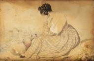 Joseph Weidner, Briefbeschwerer mit trauernder Frau mit Hund und Blick auf Wien, undatiert, Gra…