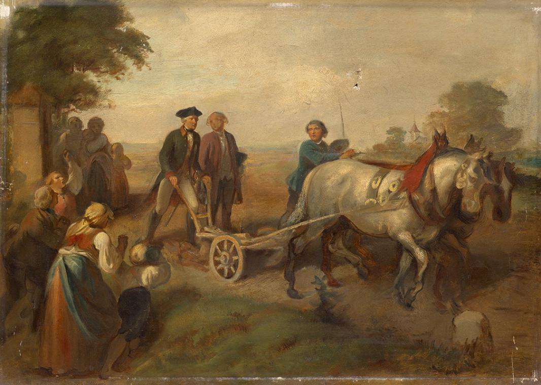 Friedrich Hasslwander, Kaiser Joseph II. (1741-1790) am Pflug, Öl auf Leinwand, 45 x 60 cm, Bel…