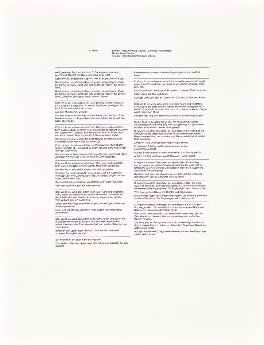Rudolf Schwarzkogler, Text zur 4. Aktion, 1965, Druck, Blattmaße: 64,5 × 50 cm, Belvedere, Wien…