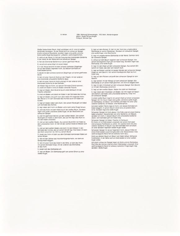 Rudolf Schwarzkogler, Text zur 6. Aktion, 1966, Druck, Blattmaße: 64,5 × 50 cm, Belvedere, Wien…