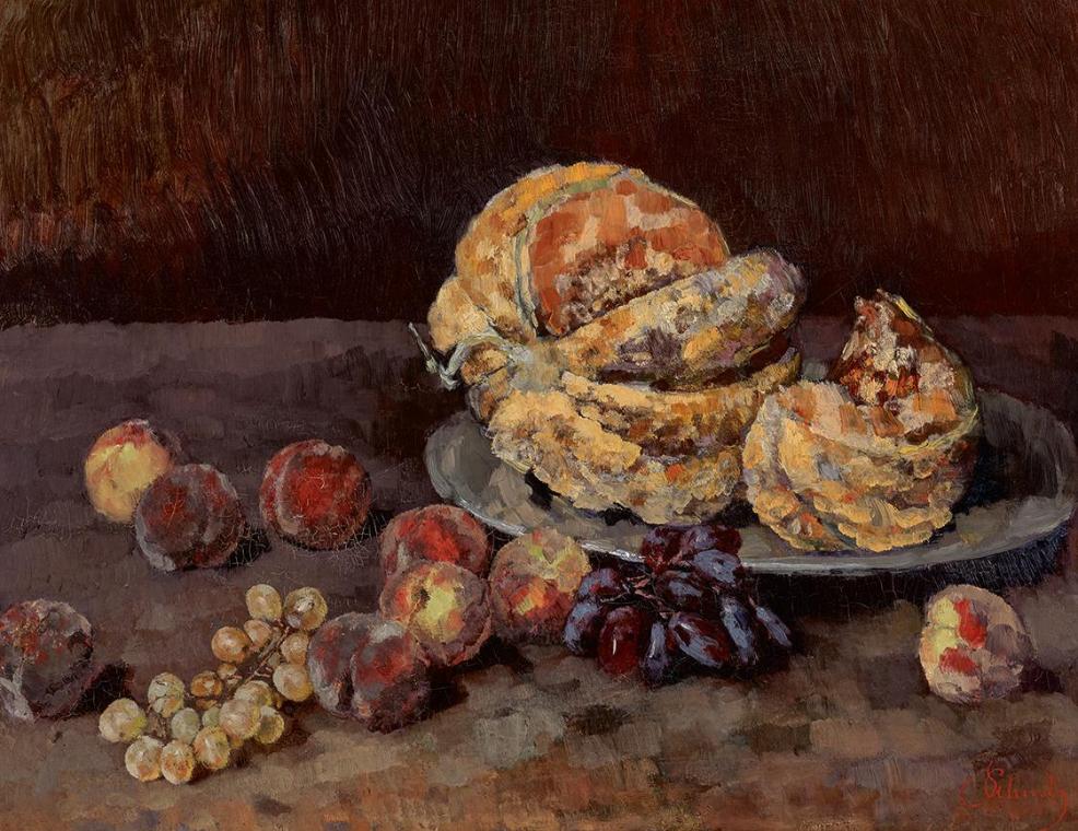 Carl Schuch, Stillleben mit Kürbis, Pfirsich und Weintrauben, um 1884, Öl auf Leinwand, 62 × 81…
