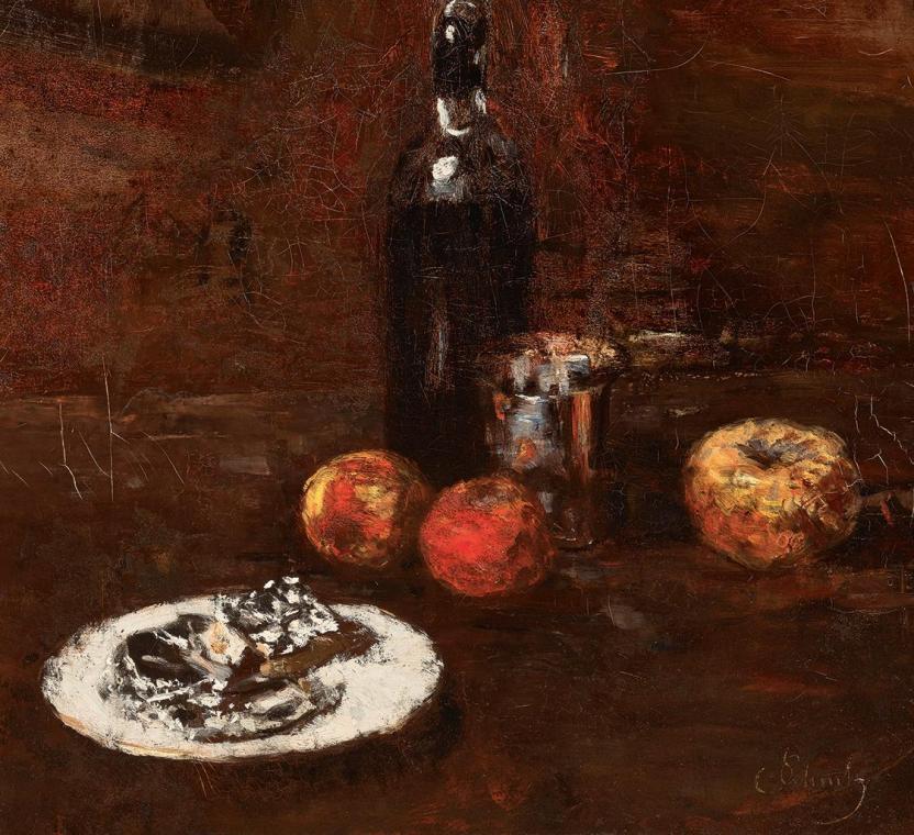 Carl Schuch, Stillleben mit drei Äpfeln und Käse in Staniol, 1886, Öl auf Leinwand, 59 × 65 cm,…