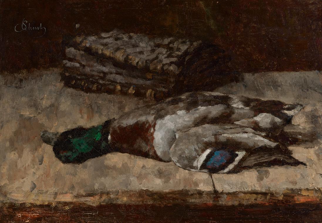 Carl Schuch, Stillleben mit Wildente und Jagdtasche I, 1881, Öl auf Leinwand, 53,5 × 79 cm, Bel…