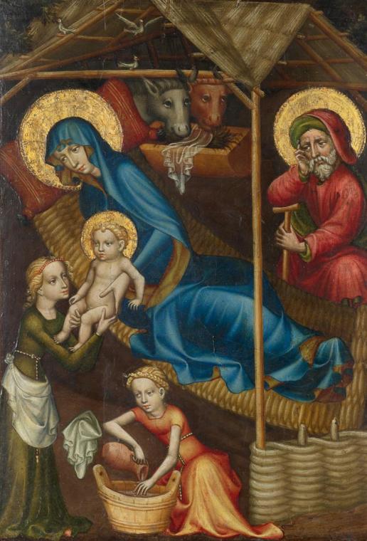 The picture depicts a scene of the birth of Jesus. In the center, there is a woman holding a newborn child, wrapped in cloth. Next to her sits a bearded man holding a kind of staff or book. Behind them are animals, including a cow and an ox. In the foreground, there are two women; one of them is holding the child while the other brings a basket to another child sitting on the ground. This scene is set in a sturdy stable, featuring a roof and an open front.

[AI-generated with ChatGPT]