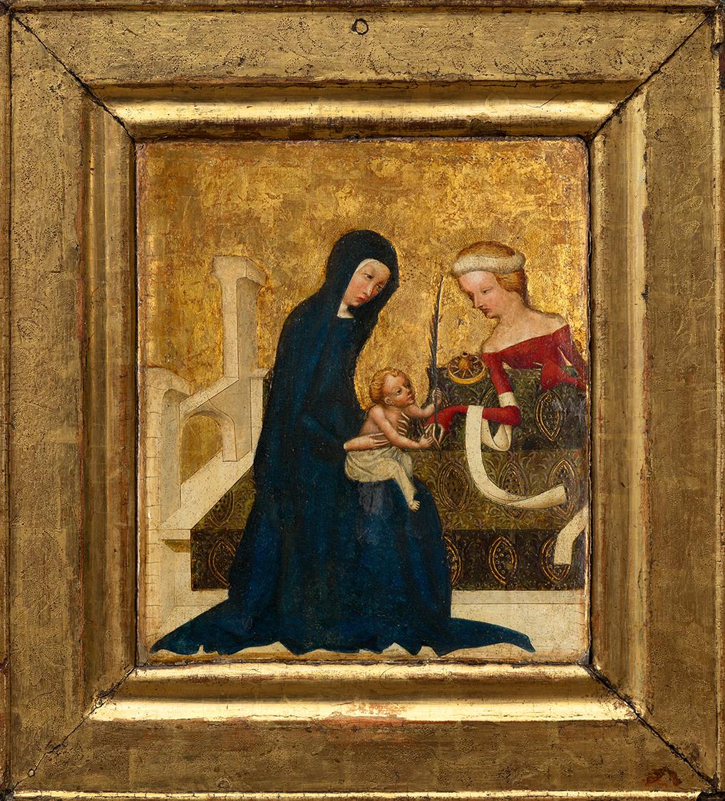 Meister von Heiligenkreuz, Mystische Vermählung der hl. Katharina, um 1415/1420, Malerei auf Ei…