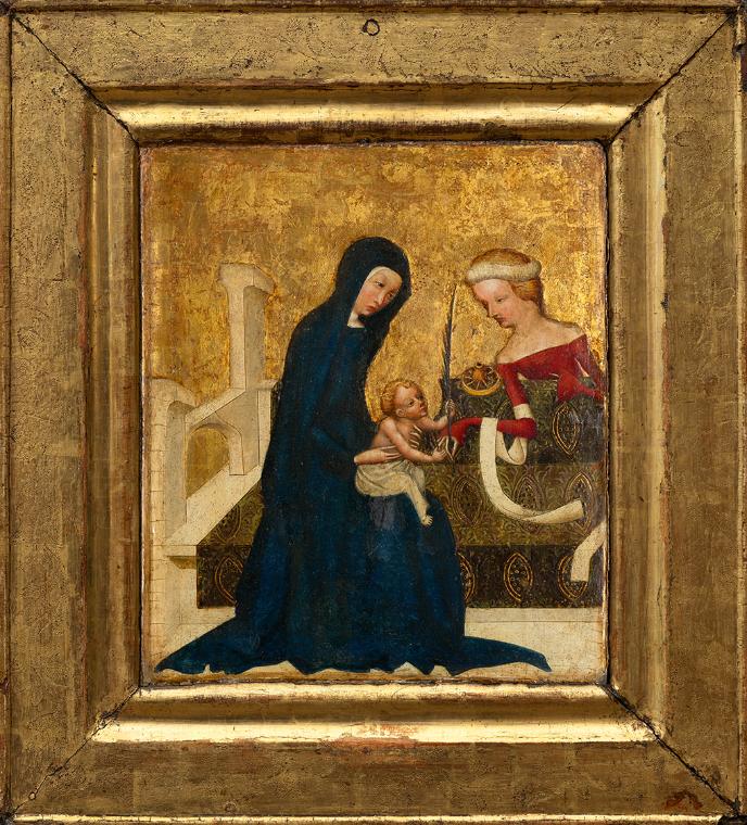 Meister von Heiligenkreuz, Mystische Vermählung der hl. Katharina, um 1415/1420, Malerei auf Ei…
