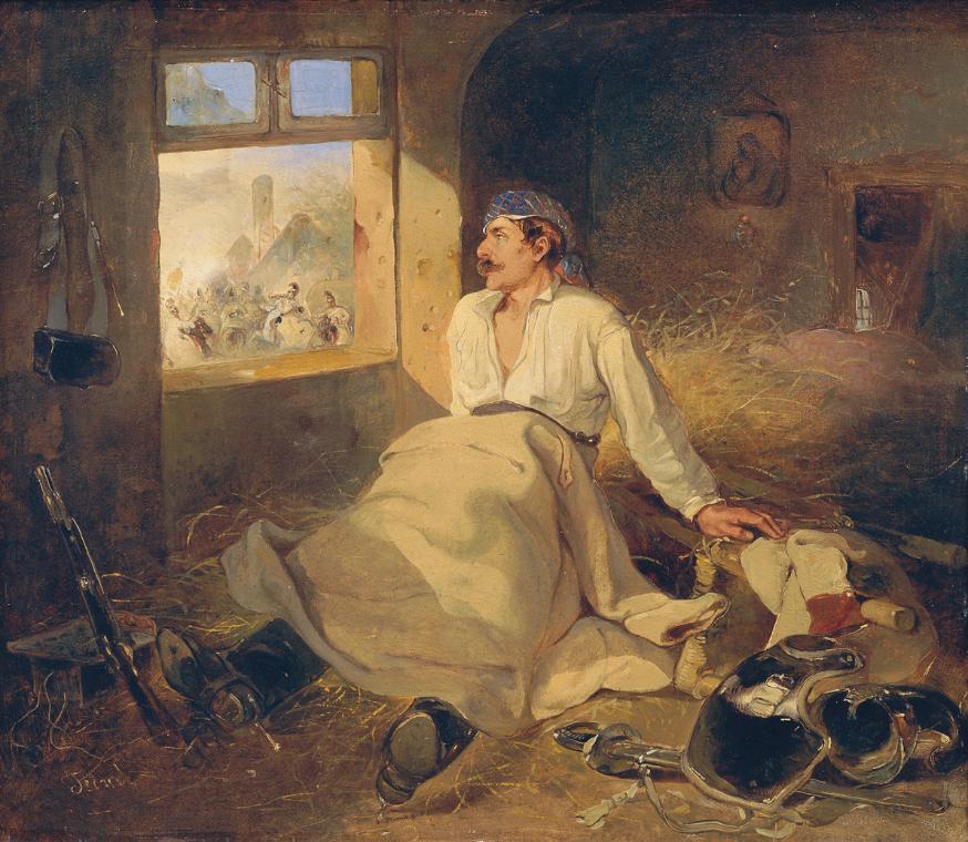 Johann Friedrich Treml, Verwundeter Kürassier auf einem Heuboden, 1841, Öl auf Karton, 30 x 35 …