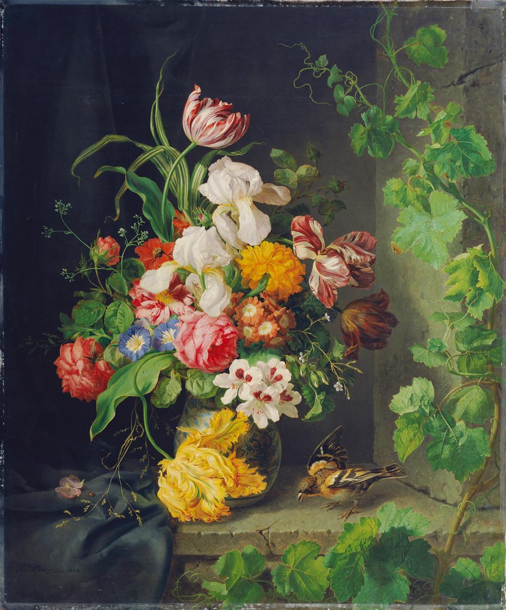 Josef Lauer, Blumenstillleben mit Stieglitz und Weinranke, 1848, Öl auf Leinwand, 90 x 74 cm, B…