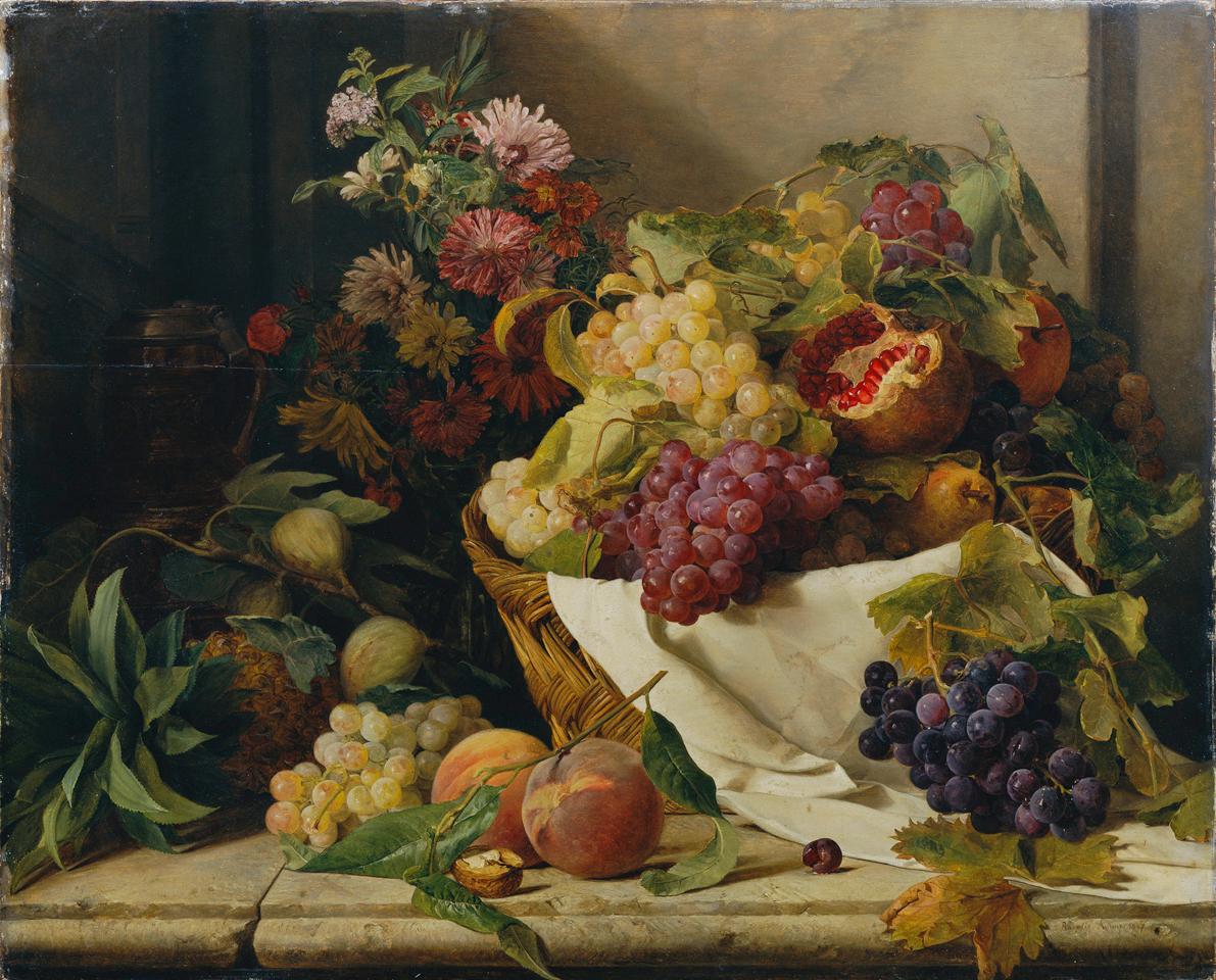 Rosalia Amon, Stillleben mit Früchten und Blumen, 1847, Öl auf Holz, 58 x 73 cm, Belvedere, Wie…