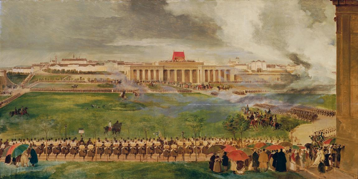 Peter Fendi, Die Feldmesse am äußeren Burgplatz am 13. April 1826, 1826, Öl auf Holz, 63 x 125,…