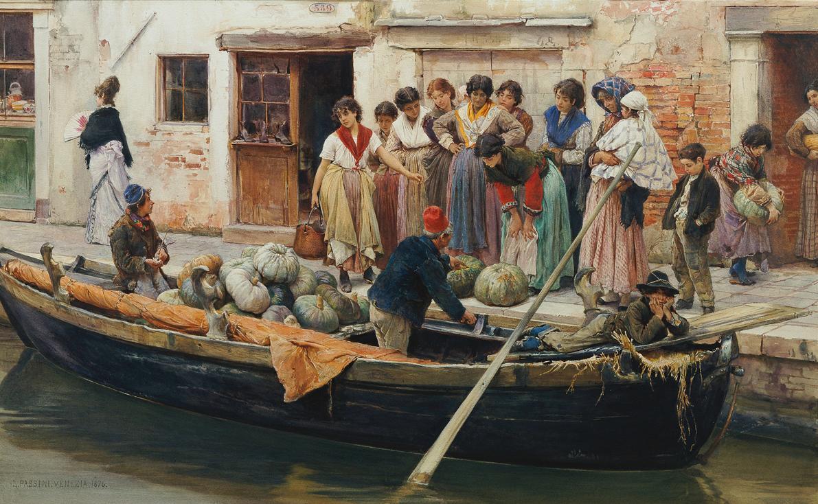 Ludwig Johann Passini, Kürbisverkäufer in Chioggia, 1876, Aquarell auf Papier, 55 x 89,5 cm, Be ...